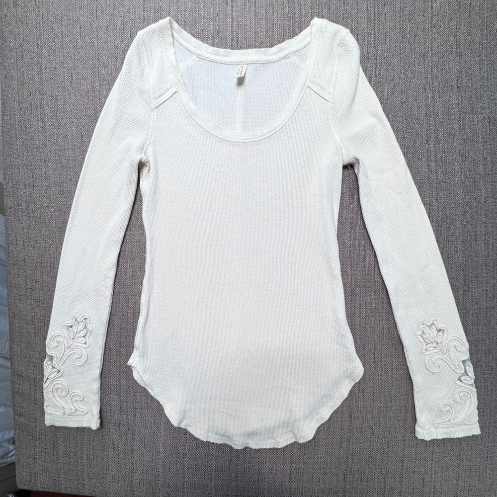 Free People Cream Waffle Knit Thermal Top Embroidered Mesh Sleeve Ivory Medium